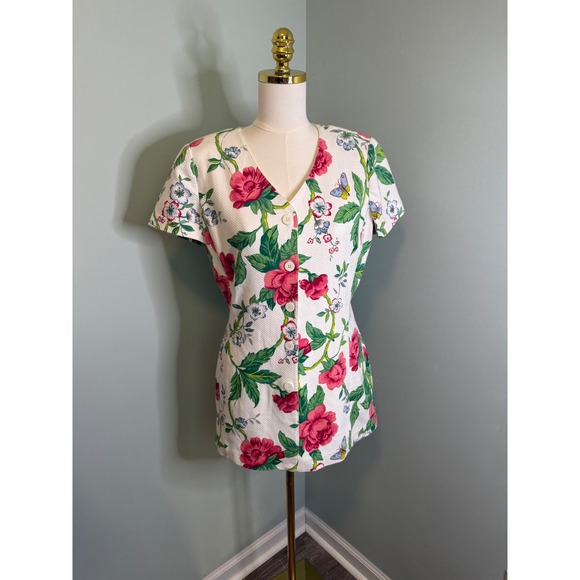 Adrienne Vittadini Tops - Vintage Adrienne Vittadini Butterfly Print Pique Cotton Button Tunic Dress White